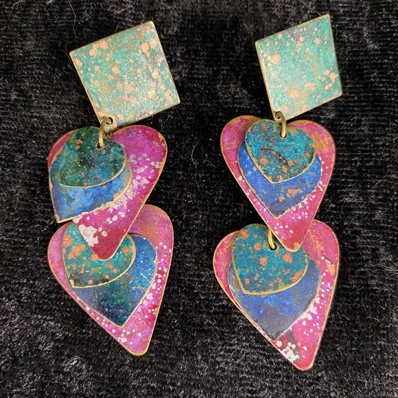 Jewelry - Metal Multi-Colored Heart Dangle Pierced Earrings